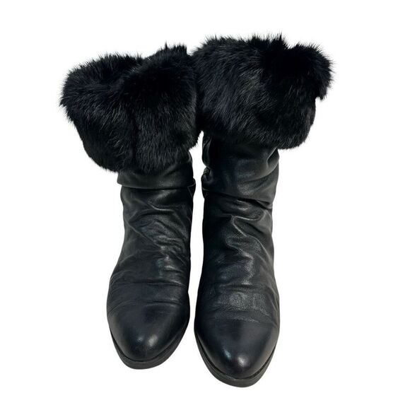 Regence Scrunch Pull On Black Leather Boots Rabbit Fur Trim Fleece Lined Size 9 - Picture 6 of 7